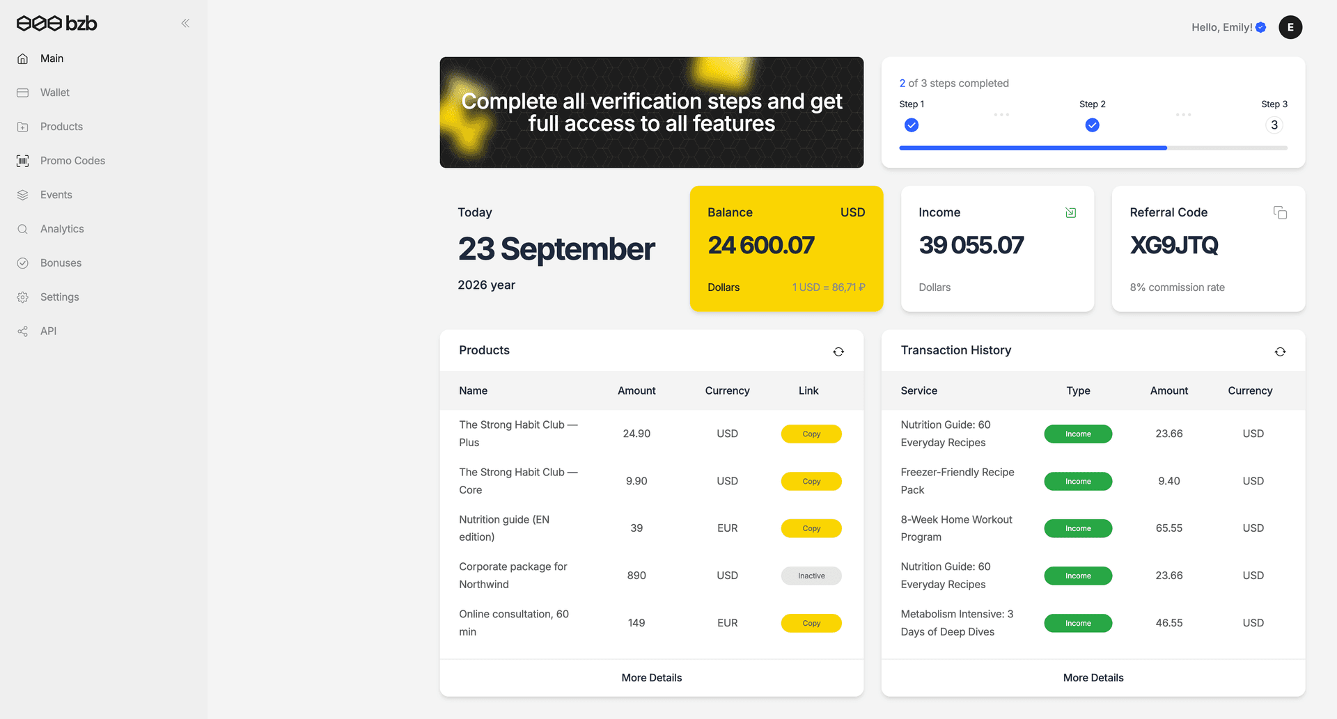 BZB account dashboard home page